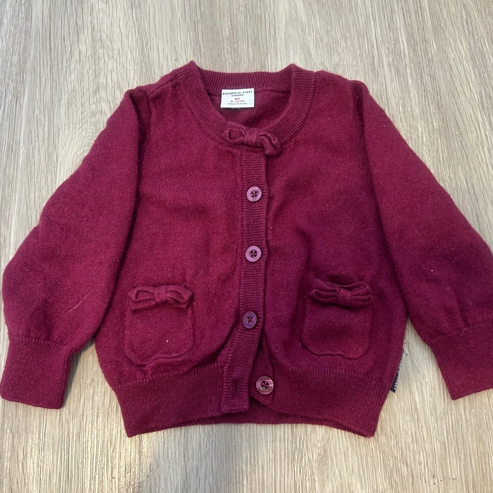 Polarn O. Pyret Sweden Burgundy Cotton Wool Bow Cardigan Sweater 9-12M 80 Baby